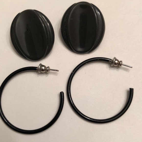 Vintage 80’s Metal Earrings Black Hoops & Charcoal Bevelled Ovals Pierced - #435 - Picture 5 of 9